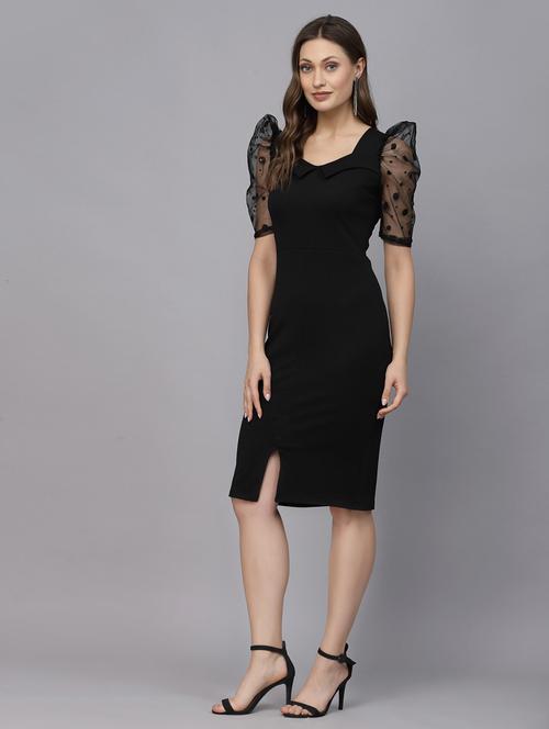 solid puff sleeves bodycon dress with slit - 19815004 - Very Small Image - 1