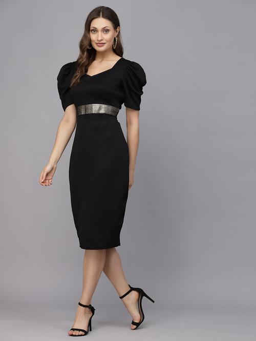 short puff sleeved solid bodycon dress with back slit - 19815025 - Very Small Image - 1