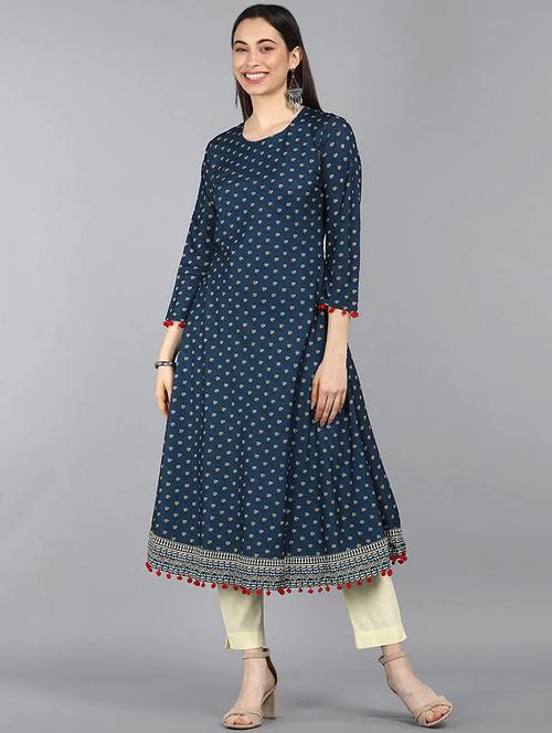 navy blue printed flared kurta - 19815794 - Very Small Image - 1