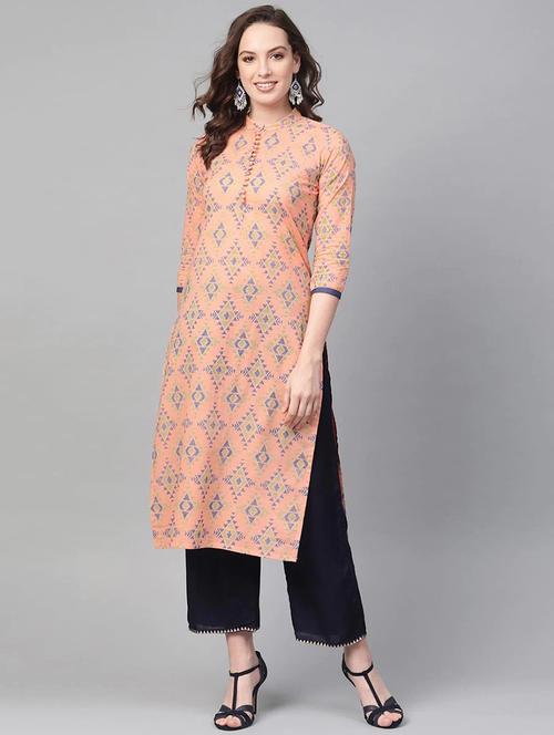 peach printed straight kurta - 19815817 - Very Small Image - 1