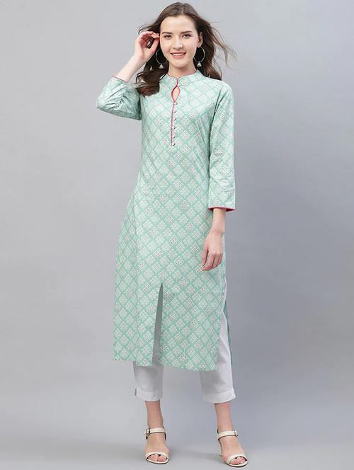 turquois printed front slit kurta - 19815825 - Very Small Image - 1