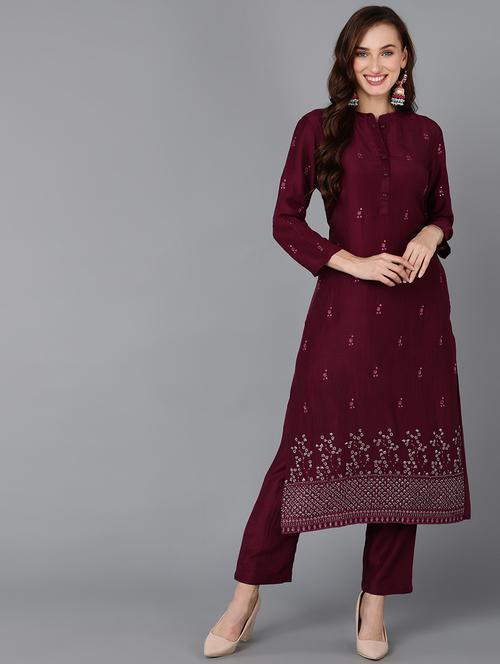 maroon solid straight kurta - 19815893 - Very Small Image - 1
