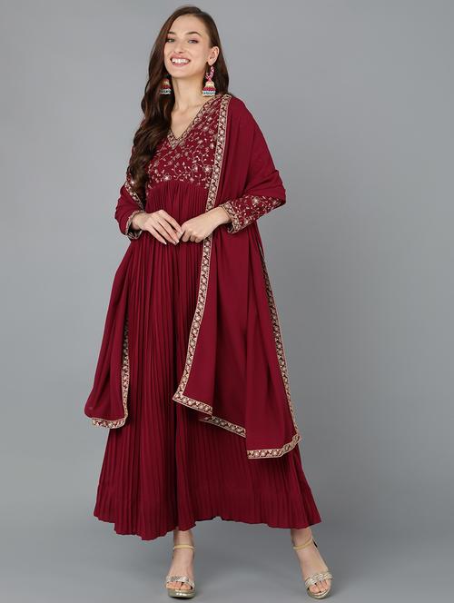 maroon solid anarkali kurta - 19815901 - Very Small Image - 1