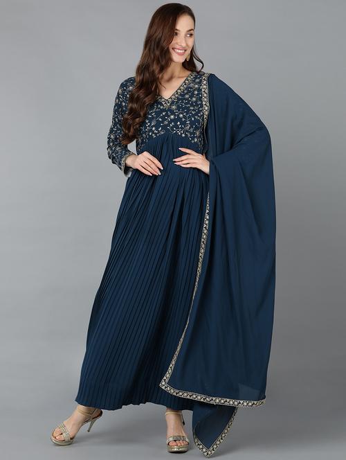 blue solid anarkali kurta - 19815903 - Very Small Image - 1
