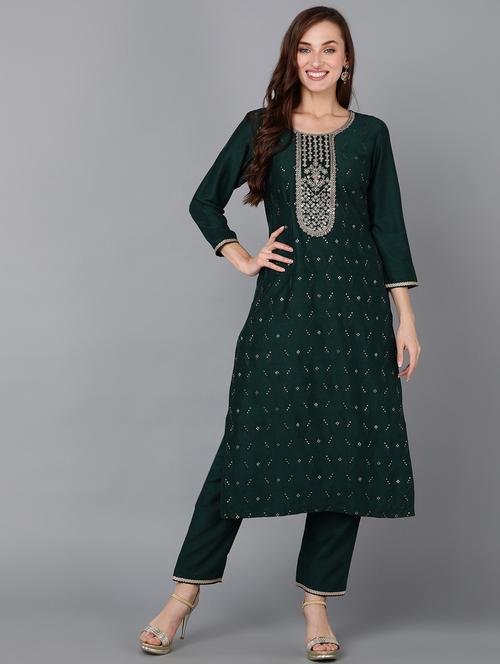 green embroidered straight kurta - 19815905 - Very Small Image - 1