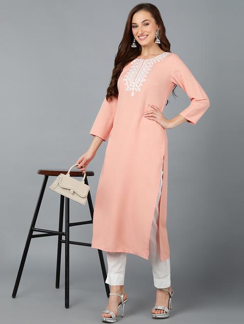 peach solid straight kurta - 19815912 - Very Small Image - 1