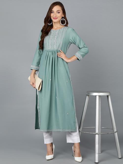 turquoise embroidered flared kurta - 19815947 - Very Small Image - 1
