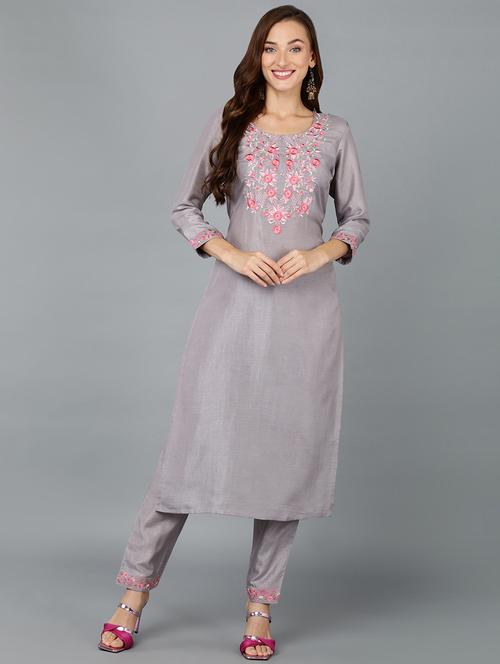 grey embroidered straight kurta - 19815958 - Very Small Image - 1
