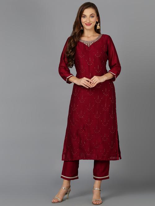 maroon embroidered straight kurta - 19816065 - Very Small Image - 1