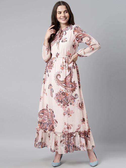 floral print tie up neck ruffle maxi dress - 19816139 - Very Small Image - 1