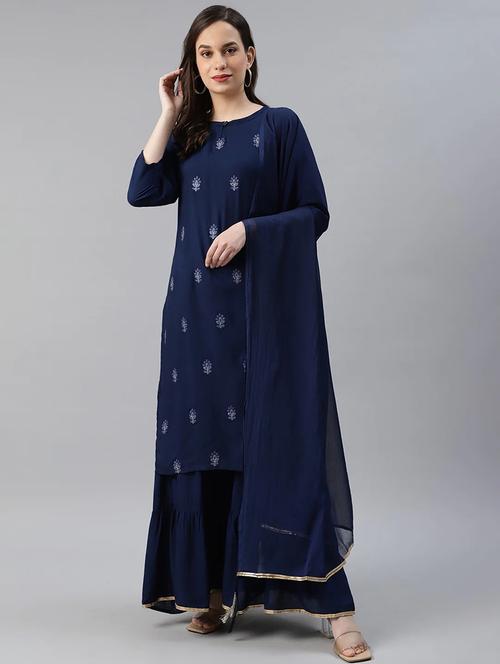 embroidered kurta palazzo set with dupatta - 19816920 - Very Small Image - 1