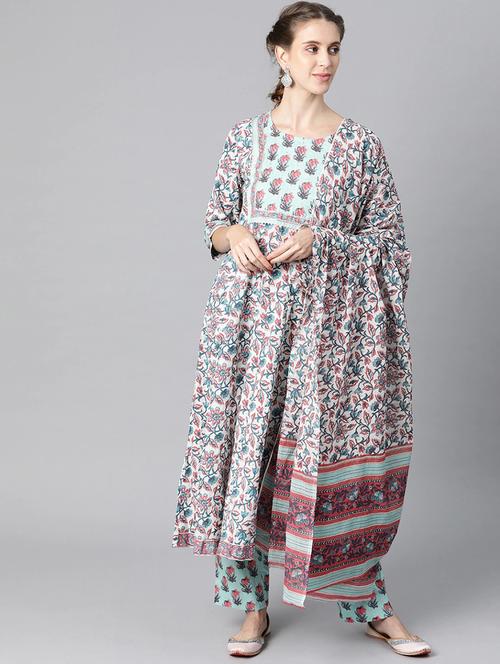printed flared kurta pant set with dupatta - 19817004 - Very Small Image - 1