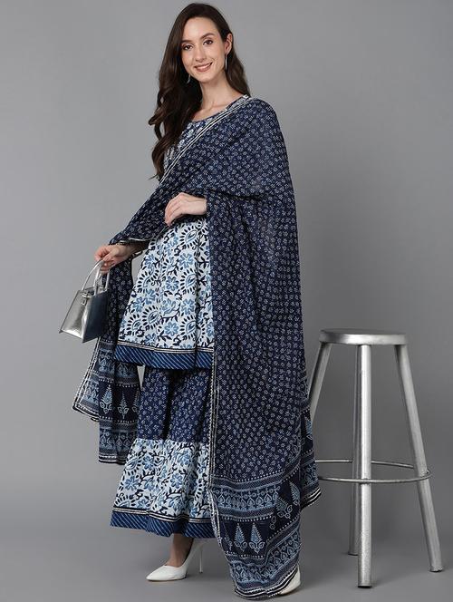 blue printed kurta sharara set with duapatta - 19817873 - Very Small Image - 1