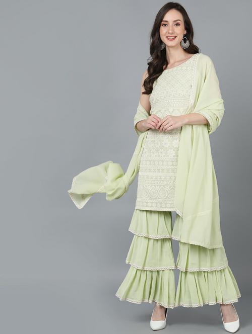 embroidered kurta sharara set with dupatta - 19817892 - Very Small Image - 1