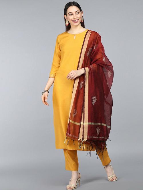 solid kurta pant set with dupatta - 19818059 - Very Small Image - 1
