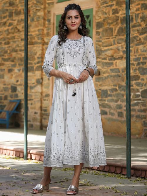 white printed fit & flare ethnic dress - 19818924 - Very Small Image - 1