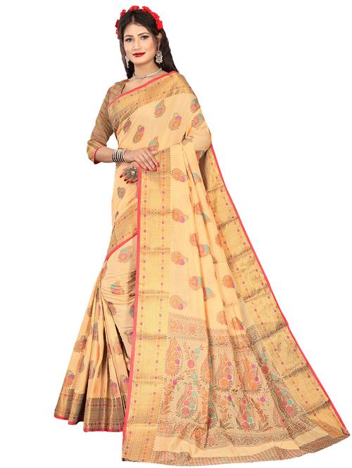 beige self design woven saree with blouse - 19825494 - Very Small Image - 1