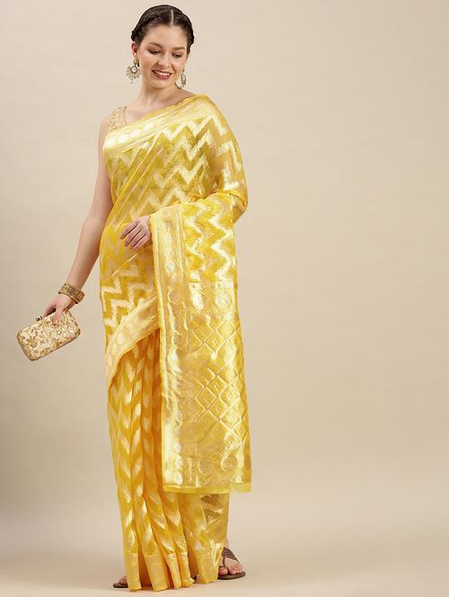 yellow chevron woven saree with blouse - 19825600 - Very Small Image - 1