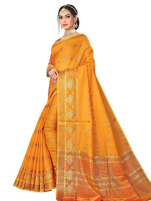 yellow self design woven saree with blouse - 19825612 - Very Small Image - 1