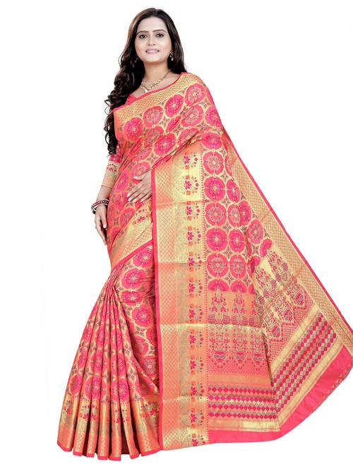 pink self design woven saree with blouse - 19825655 - Very Small Image - 1