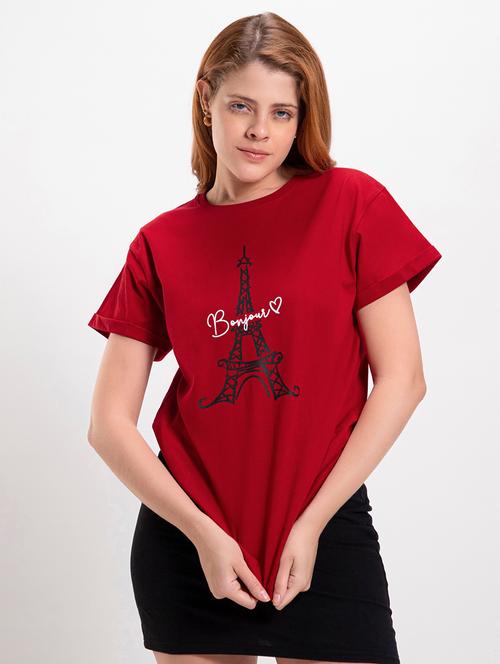 women's chest print round neck t-shirt - 19826201 - Very Small Image - 1