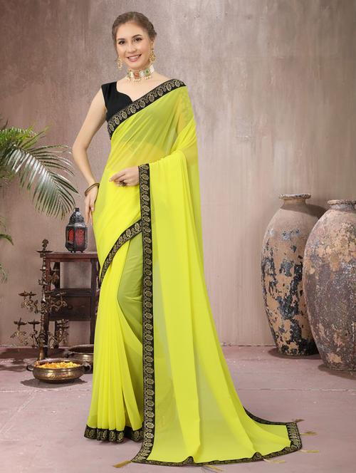 yellow solid with border woven saree with blouse - 19826718 - Very Small Image - 1