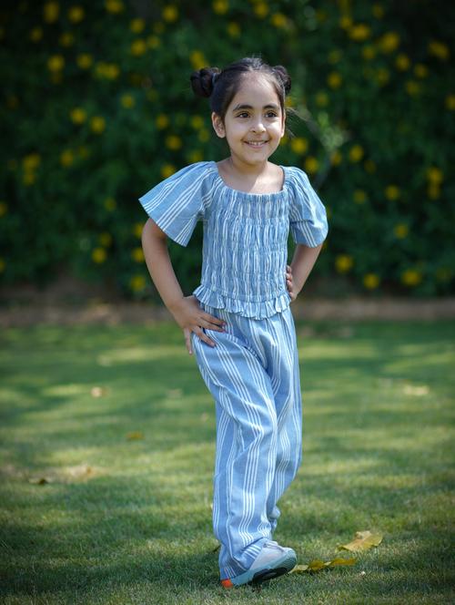 girls blue striped top & bottom set - 19838240 - Very Small Image - 1