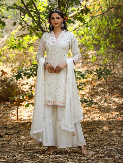embroidered kurta sharara set with dupatta - 19838488 - Very Small Image - 1
