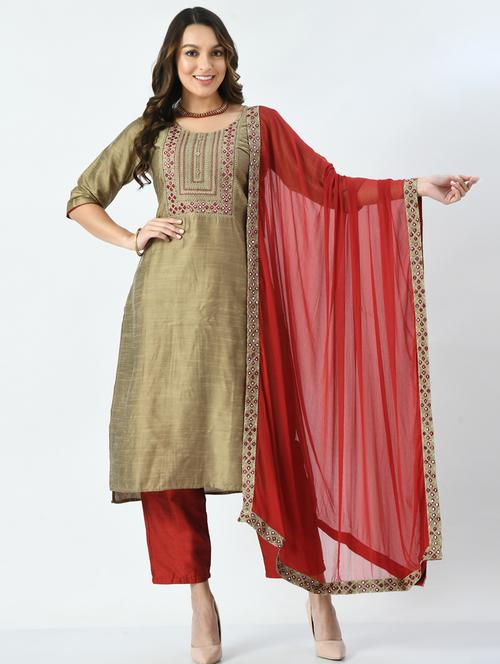 embroidered kurta pant set with dupatta - 19839107 - Very Small Image - 1