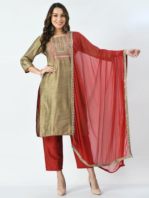 embroidered kurta pant set with dupatta - 19839115 - Very Small Image - 1