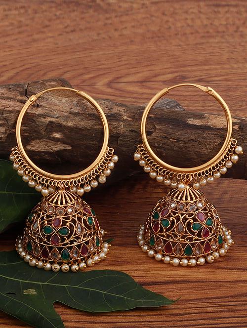 gold brass jhumka earring - 19839929 - Very Small Image - 1