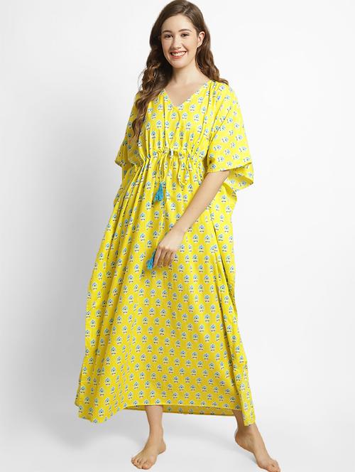 yellow v neck printed kaftan maxi dress - 19840765 - Very Small Image - 1