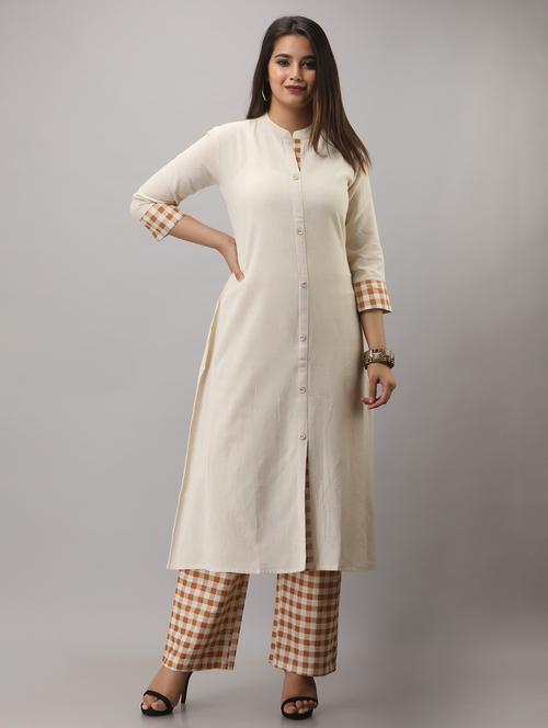 off white solid three quarter sleeve kurta palazzo set - 19847386 - Very Small Image - 1