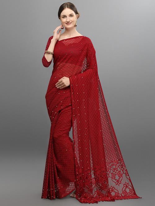 maroon self design net saree with blouse - 19848494 - Very Small Image - 1