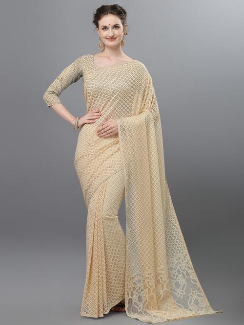 cream self design net saree with blouse - 19848497 - Very Small Image - 1