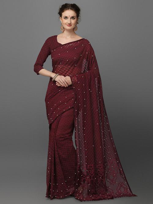 brown self design net saree - 19848498 - Very Small Image - 1