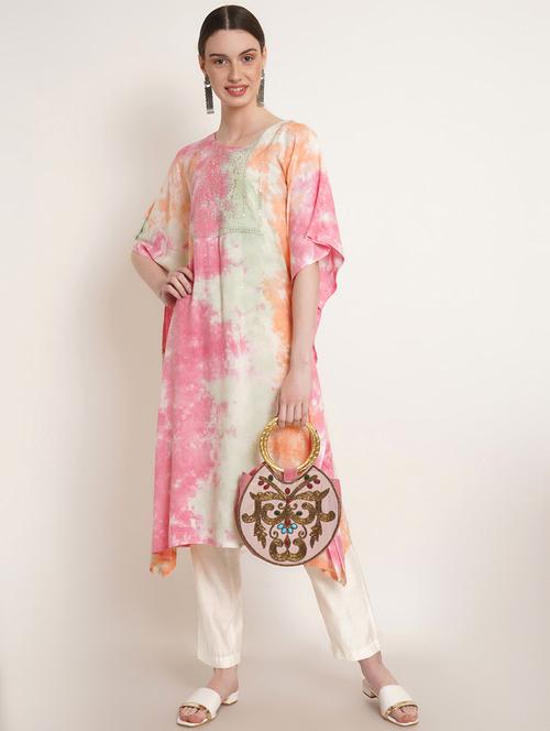 pink embroidered tie & dyed kaftan - 19849940 - Very Small Image - 1