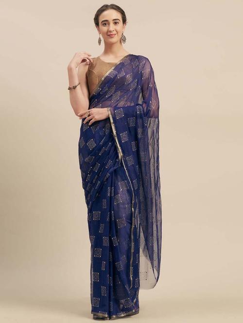 women's foil print navy blue colored saree - 19854039 - Very Small Image - 1