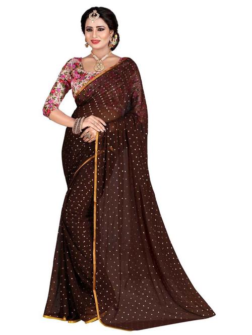 women's foil print brown colored saree with blouse - 19854057 - Very Small Image - 1