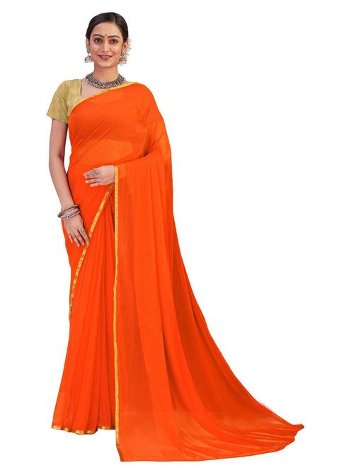 women's solid orange colored saree with blouse - 19854235 - Very Small Image - 1