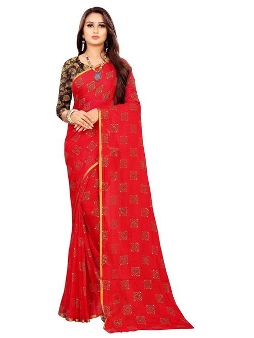 women's foil print red colored saree with blouse - 19854651 - Very Small Image - 1