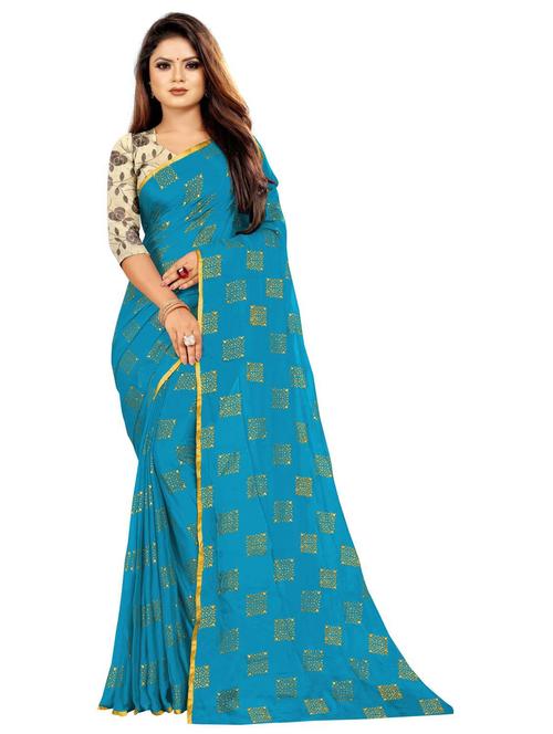 women's printed light blue colored saree with blouse - 19854725 - Very Small Image - 1