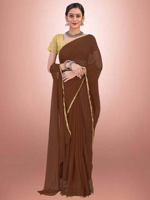 women's solid brown colored saree with blouse - 19855001 - Very Small Image - 1