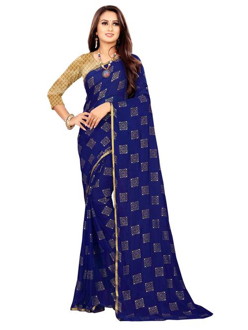 women's printed dark blue colored saree with blouse - 19855068 - Very Small Image - 1