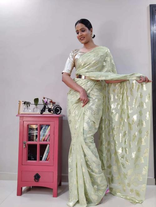 women's foil print lime colored saree with blouse - 19855124 - Very Small Image - 1