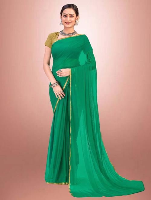 green plain saree with blouse piece - 19855189 - Very Small Image - 1