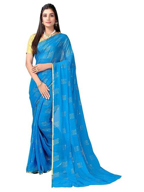 women's printed light blue colored saree with blouse - 19855256 - Very Small Image - 1