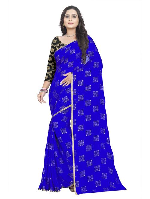 women's foil print royal blue colored saree with blouse - 19855373 - Very Small Image - 1