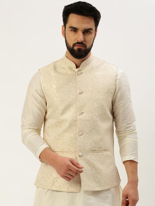 beige silk blend nehru jacket - 19855929 - Very Small Image - 1