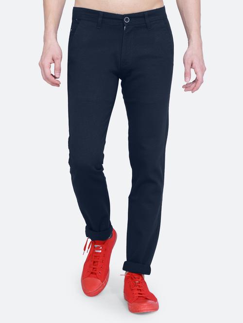 navy blue cotton flat front casual trousers - 19858288 - Very Small Image - 1